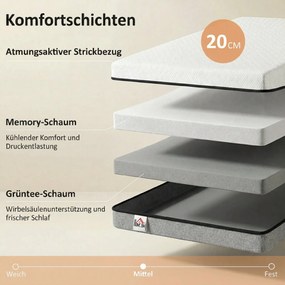 HOMCOM Materac kieszeniowy z pianką memory z zieloną herbatą H3 twardość Oeko-TEX &amp; CertiPUR 200x90x20 cm Szary | Aosom PL