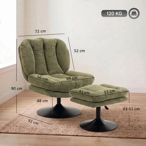 HOMCOM Fotel lounge z podnóżkiem, obracany 360°, z weluru Raindrop, regulowany podnóżek, Zielony | Aosom PL