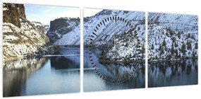 Obraz - zimowy krajobraz z jeziorem (z zegarem) (90x30 cm)