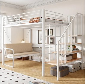 Łóżko piętrowe dla dzieci - 140 x 200 cm - z wyjmowaną sofą + drabinka ze schowkiem - rama metalowa - białe