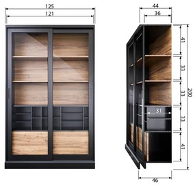 Czarno-naturalna witryna z litego drewna sosnowego z drzwiami przesuwnymi 125x200 cm James – WOOOD