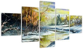 Obraz zimowej rzeki, obraz olejny (125x70 cm)