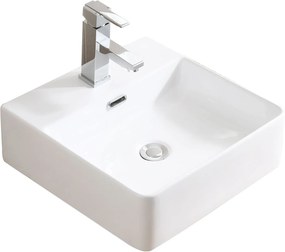 Umywalka nablatowa / wisząca kwadratowa biała z otworem i z półką na mydło 42 x 42 cm SANYA z cienkim rantem typu Slim