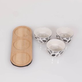 Zestaw do serwowania przekąsek: taca i 3 porcelanowe naczynia, Ø 10 cm