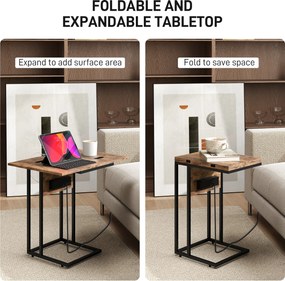 HOMCOM składany stolik boczny, stacja ładująca z portami USB, metal, 39 x 29 x 57 cm, brązowy