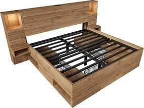 Łóżko podwójne z efektem dębu - 160 x 200 cm - z diodami LED + USB + 2 szafki nocne + szuflady - drewno - naturalne