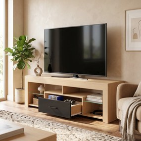 HOMCOM Lowboard RTV do telewizorów do 165,1 cm, nowoczesna szafka RTV z regulowanymi półkami szklanymi, dąb | Aosom PL