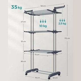 SongmicsHome Suszarka na pranie ELTON z 4 poziomami na kółkach, 76x172x50 cm, szara