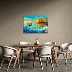 Obraz na szkle - Jezioro z łodziami (70x50 cm)