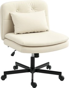 HOMCOM Fotel biurowy bez podłokietników z pokryciem ze sztucznej skóry, fotel biurowy z kółkami, dodatkowa poduszka, regulowany, obrotowy, beżowy