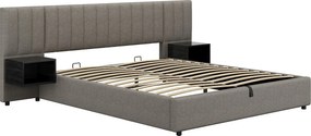 Łóżko 180x200cm z tkaniny lnianej - z 2 stolikami nocnymi i stelażem na listwy - Szary