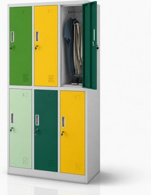 Szafka socjalna ubraniowa BHP szaro-zielono-żółta 6-drzwiowa: IGOR, 900 x 1850 x 450 mm