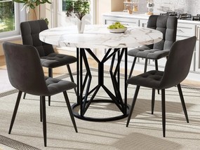 Okrągły stół 100x100x76cm z 4 krzesłami - Blat MDF, metalowa konstrukcja i aksamitne poduszki - Biały&Czarny