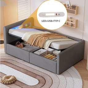 Łóżko dziecięce z pojemnikiem 90x200 cm, jasnoszary aksamit, łóżko pojedyncze z oświetleniem LED i portem USB, bez materaca