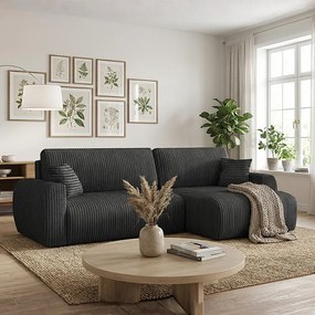 Stylowy narożnik rozkładany prawostronny  ARIEL L 250x142x87 cm w tkaninie Velo 19 czarnej