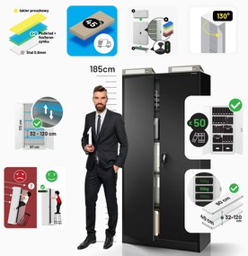 Biurowa szafa metalowa na akta JAN, 900 x 1850 x 400 mm, czarna