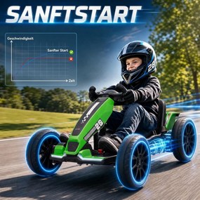 AIYAPLAY Elektryczny gokart dla dzieci 12V z 2 silnikami, 4-stopniowo regulowanym siedziskiem, systemem Soft-Start, koła EVA, reflektory LED | Aosom PL