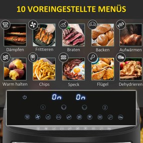 HOMCOM Frytkownica na gorące powietrze 8L z podwójną komorą, Airfryer z 10 programami, 2400 W frytkownica na gorące powietrze z ekranem dotykowym, przepisami, bez oleju, czarna