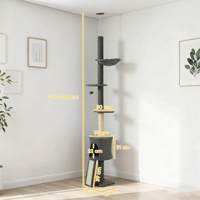 PawHut Drzewko dla kota, kryjówka, hamak, regulowana wysokość, drapak obity tkaniną, szary