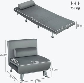 HOMCOM Składany fotel z funkcją łóżka, rozkładany fotel relaksacyjny w stylu welurowym, regulowane oparcie, 75 x 70 x 75 cm, Szary