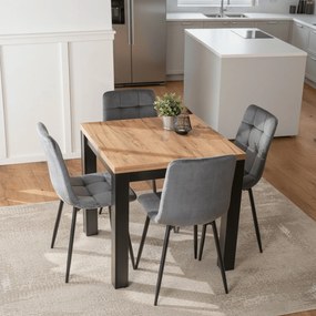 Zestaw Stół Kwadratowy Rozkładany MAX 80-160 cm Dąb Craft/Czarny i 4 Krzesła PERU Szare Welurowe