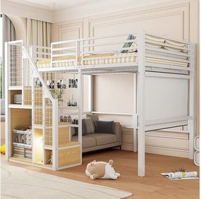 Łóżko piętrowe dla dzieci - 140 x 200 cm - rama żelazna - ze schowkiem i schodkami bezpieczeństwa - metalowe - białe