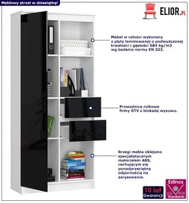 Regał na książki z szufladami i półkami biały + czarny połysk - Vasco 4X