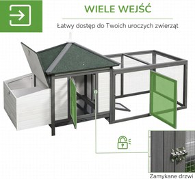PawHut kurnik dla kur miniaturowych z wybiegiem domek lęgowy drewno sosnowe szary+biały