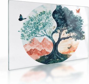 Obraz na szkle – Akwarelowe drzewo pełne życia (70x50 cm)
