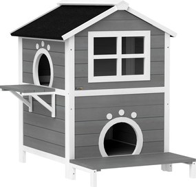 PawHut Zewnętrzny domek dla kotów z odpornym na warunki atmosferyczne dachem, oknem, balkonem, 2 poziomy, dla 1-2 kotów, Szary