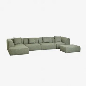 Sofa Modułowa 4-częściowa Lewostronna Z Leżanką I Tapicerowanym Pufem Cardea Bouclé Salvia Zieleń - Sklum