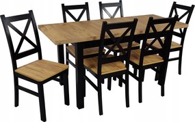 Stół mały 6 Krzeseł 65x120/160 Dąb Craft krzyż czarne + nogi drewniane