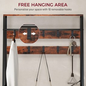 HOMCOM Garderoba z półką na buty, stojak na płaszcze z siedziskiem, 10 haczyków, 2 materiałowe szuflady, drążek, płyta wiórowa, metal, brązowy