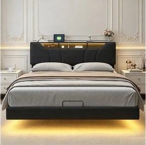 Rama Łóżka Pływającego 160x200 Czarna PU z LED RGB, Hydraulicznym Schowkiem i Wielofunkcyjnym Zagłówkiem