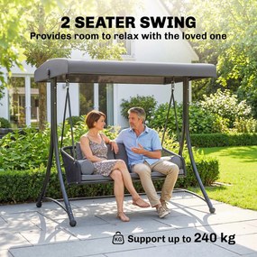 Outsunny Huśtawka Ogrodowa Rattan 2-osobowa z Regulowanym Daszkiem, Miękkimi Poduszkami, Ciemnoszara | Aosom PL