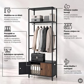 Regał biurowy otwarty z drążkiem na ubrania, do recepcji i poczekalni, metalowy, antracytowy/orzech, 800x2200x400 mm: ARIEL Eco Design