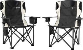 Outsunny Zestaw 2 Składanych Krzeseł Kempingowych z Podłokietnikami, Uchwytem na Napój i Chłodziarką, Czarne
