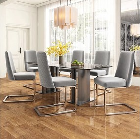 Zestaw 6 krzeseł do jadalni - 63,5x63,5x47,63cm - luksusowy aksamit - srebrne metalowe nogi - szary