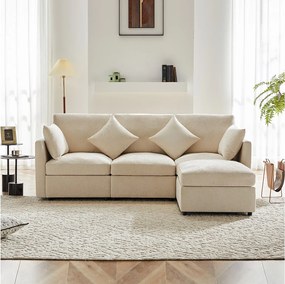 Sofá de canto de 4 lugares - 216 x 161 x 81 cm - Tecido Chenille - Bege
