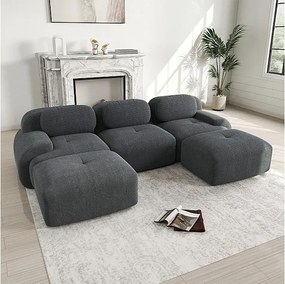 Modułowa sofa narożna 3-osobowa - z Welur - z 3 poduszkami i 2 pufami - 298x178x75cm - Szary