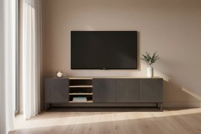 Szafka RTV Asha 200 cm z ryflowanym frontem i stelażem - artisan / rivier stone mat