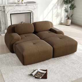 Sofa modułowa w welurze żebrowanym - 2-osobowa - z 2 poduszkami i 2 pufami - antypoślizgowy spód - 208x178x70cm - Brązowy