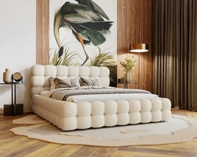 Emporius Parlas Bis łóżko 200x200 z pojemnikiem, łóżko tapicerowane do sypialni - gruba pianka, stelaż, tkanina boucle, kremowy (Anthology 1)
