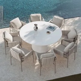 Zestaw Okrągłego Stołu Ø150 Cm Z Cementu Numira Oraz 8 Tapicerowanych Krzeseł Ogrodowych Z Podłokietnikami I Stalą Zunika Moka Brown - Sklum