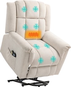 HOMCOM Fotel Powerlift z funkcją masażu i ogrzewania, Fotel wypoczynkowy z podnóżkiem, Boczne kieszenie, Obicie z tkaniny, Beżowy