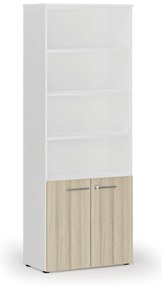 Szafa biurowa kombinowana PRIMA WHITE, drzwi na 2 poziomach, 800 x 420 x 2128 mm, biały/dąb naturalny