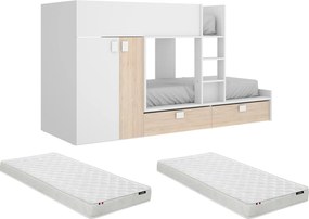 Łóżko piętrowe - 2 × 90 × 190 cm wbudowana szafa - kolor biały i naturalny, z materacem w zestawie - JUANITO