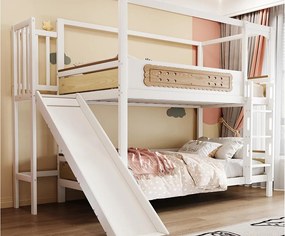 Łóżko piętrowe dziecięce 90x200 cm - z barierkami bezpieczeństwa - ze zjeżdżalnią - biały + kolor naturalny (materac nie jest wliczony w cenę)