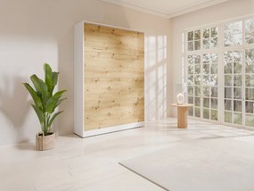 Łóżko chowane w ścianie 160 x 200 cm - Otwieranie pionowe ręczne - Kolor: Naturalny i biały + Materac - BEGANIO