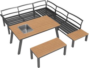 Zestaw mebli ogrodowych modułowych z ocynkowanego żelaza: 1 narożnik 6-osobowy + 1 ławka + 1 stół jadalny - Szary + naturalny